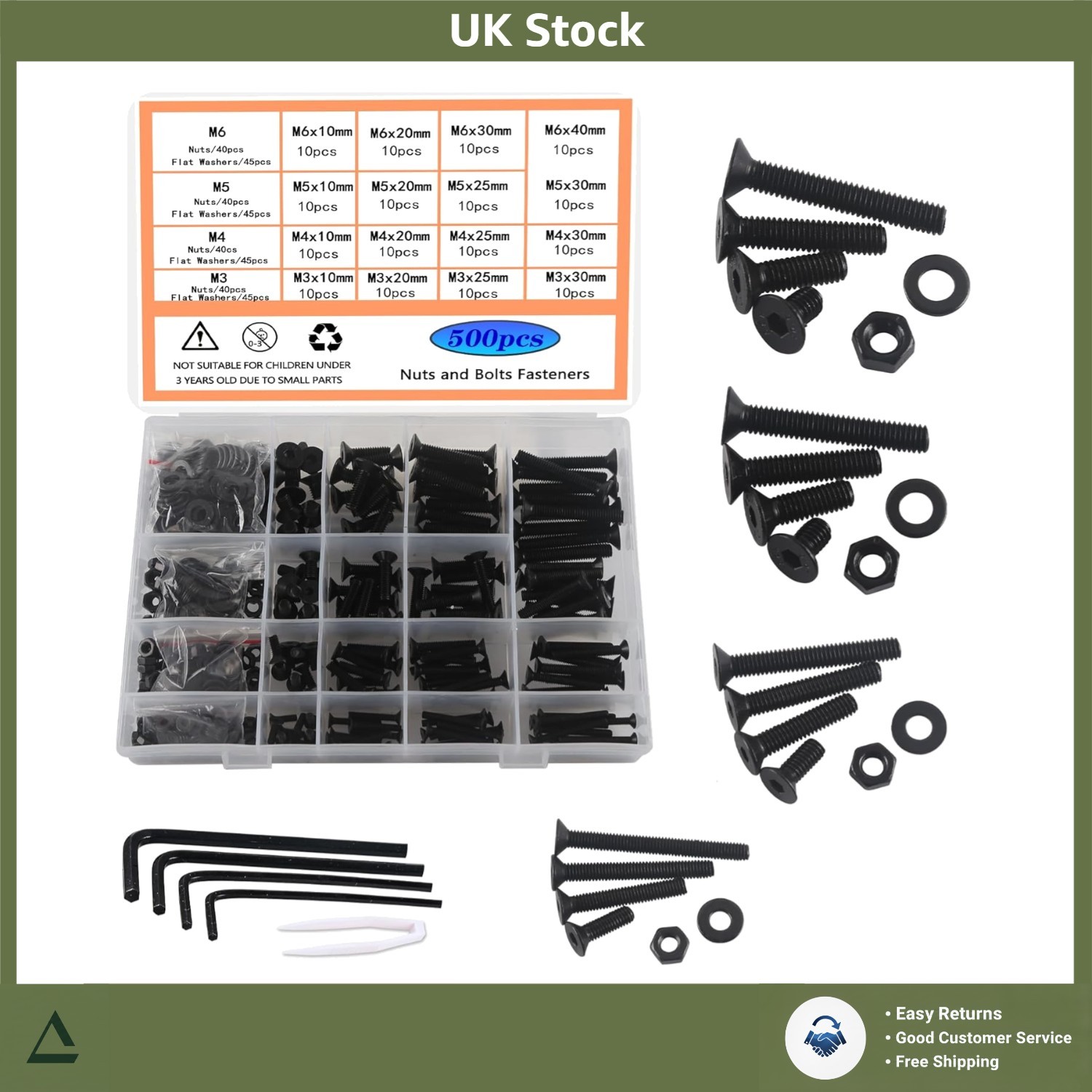 Black Hex Bolt Nut & Washer Assortment Kit - 500 Pieces