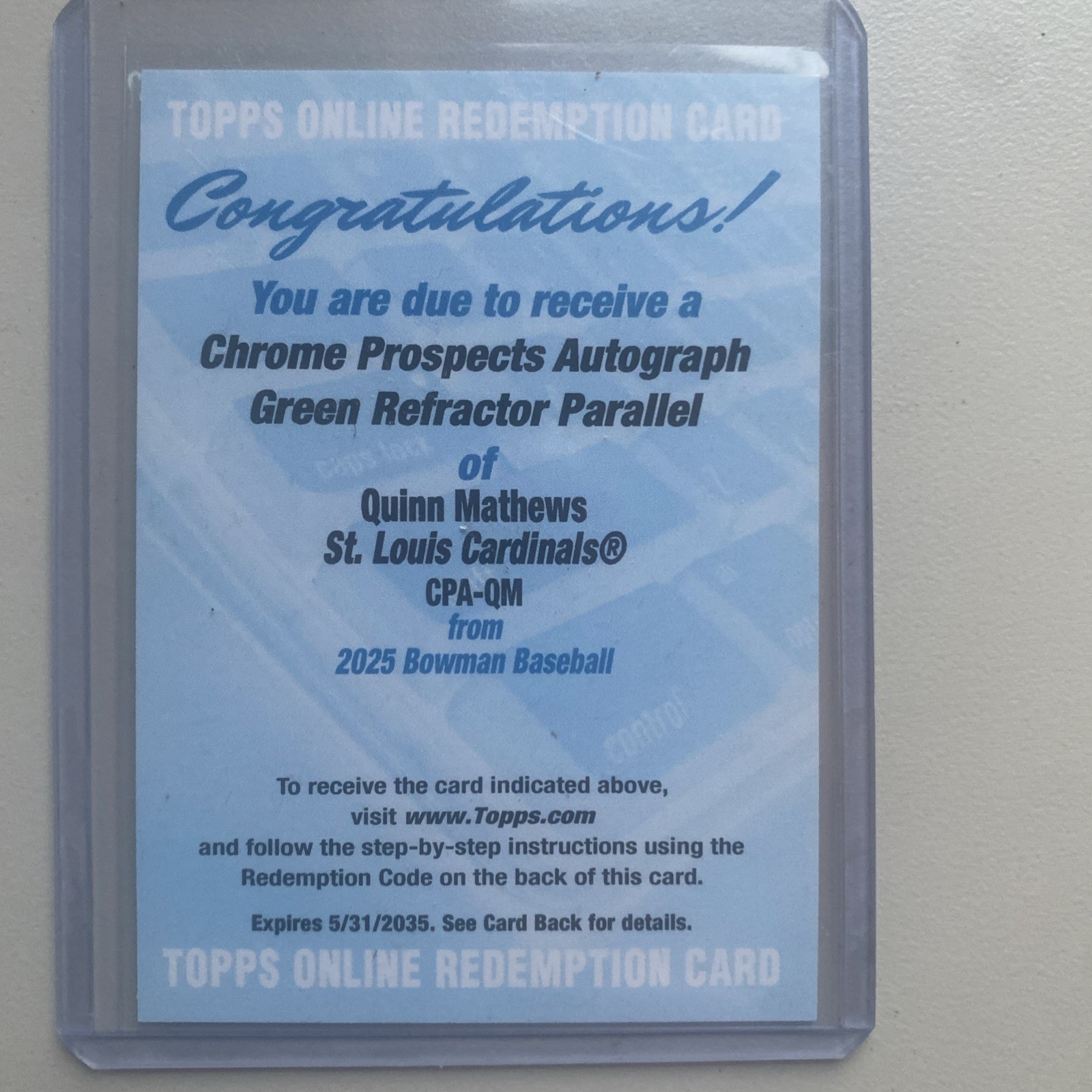 2025 Bowman 1st Chrome Prospect Autograph Green chrome Quinn Mathews /99. CPA-QM