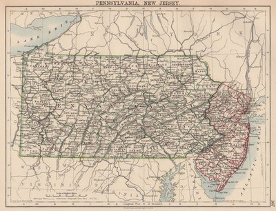 US MID ATLANTIC STATES. Pennsylvania & New Jersey. Landkreise Eisenbahnen 1906 Karte