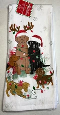 KAY DEE KITCHEN TOWELS (2)  DOGS CHRISTMAS LIGHTS 18 X 28 100% COTTON TERRY NWT