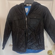 Old Navy Boys Quilted Hooded Jacket Size 8 Black Zip Up with Pockets New