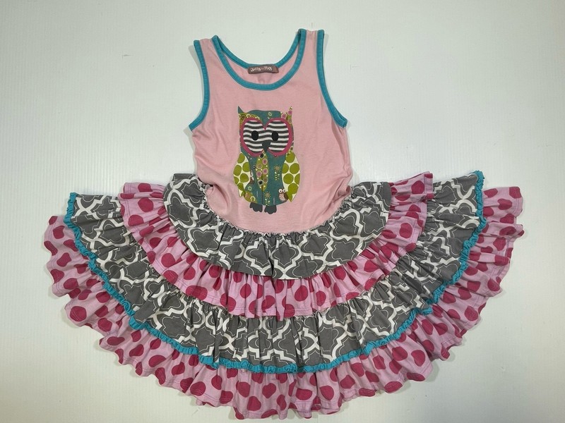 Jelly The Pug Girls Youth Pink Cotton Sleeveless Tiered Ruffle Twirl Dress 7