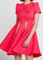 Hot Pink Lace Fit and Flare Skater Dress with Puff Sleeves Size UK 14