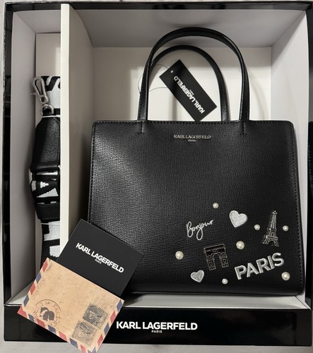 NWT Karl Lagerfeld Paris Maybelle Black & Silver Med. Satchel Handbag Crossbody