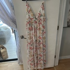 Forever 21 Womens White Floral Maxi Plunge Neck Open Back Summer Dress