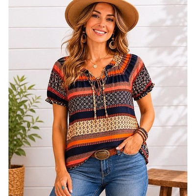 LOFT Womens XS NWOT Boho Border Print Split Neck Puff Sleeve Cotton Blouse