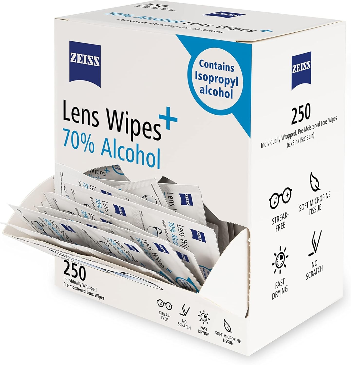 Lens Cleaning Wipes Pre-Moistened 70% Alcohol 250 Count Safe Streak-Free
