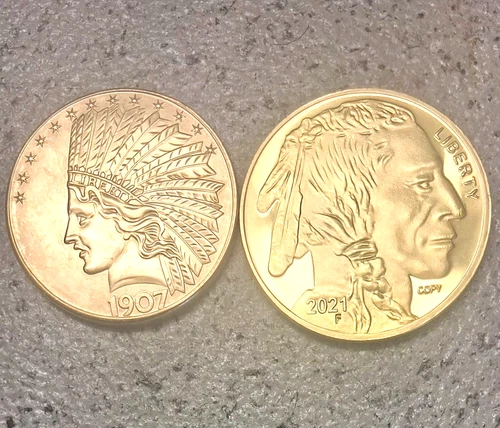 2 Coins: 1907 INDIAN/EAGLE  2021 INDIAN HEAD/BUFFALO - Gold Plated US COPY Coins