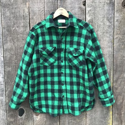 Vintage L.L. Bean Maine Guide Shirt Green Buffalo Check Wool Flannel Size M-L