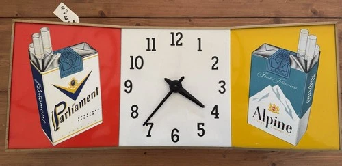 🕰️ Vintage 1960s Parliament & Alpine Cigarette Tin Litho Clock Sign – WORKING