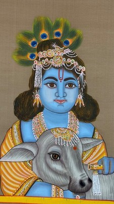Hand-Painted Lord Krishna with Sacred Cow Silk Painting | Traditional Indian