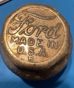 Antique Ford Model T Hub Grease Cap Script Logo Made in USA Nickel Brass 100 YRS