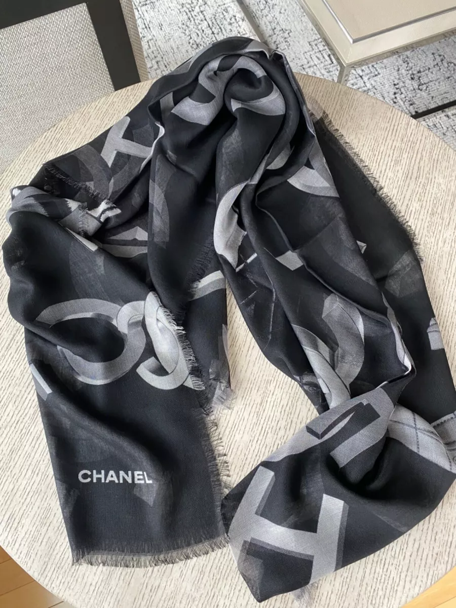 NEW 100%Auth Chanel 20B Black/Grey Lightweight Cashmere/Silk CC Logo Shawl