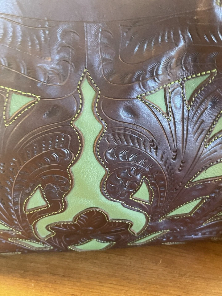 Leaders In Leather Handbag Western Tooled Floral Design Brown Green - Image 4 of 4