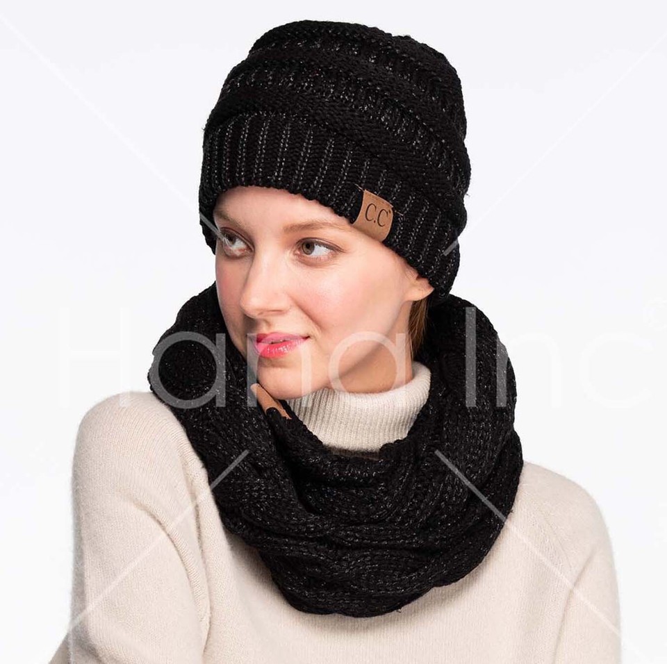 C.C Trendy Chunky Cable Knit Beanie – Stretchable Soft Acrylic Skully, Metallic Indi Pink/Silver