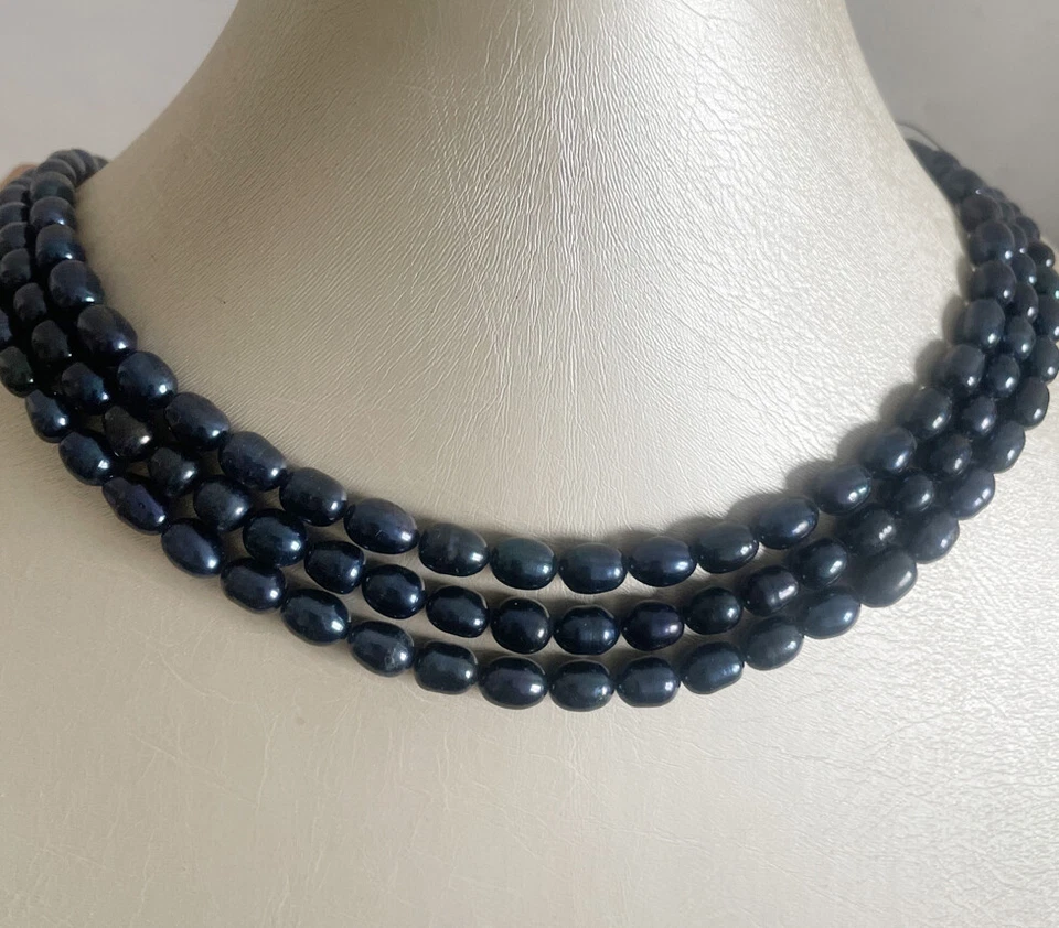 Collar 3 filas 7-8 mm arroz natural perlas blancas y negras concha flor broche Foto 2 de 4