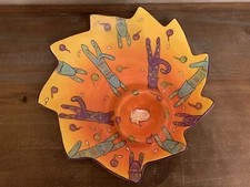 Colorful Tem Kem Glazed Chips & Dip Tray Cat & Mouse Pattern Signed By Artist