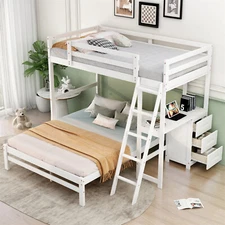 Twin Over Full Bunk Bed with Built-in Desk and 3 Storage Drawers Loft Bed White