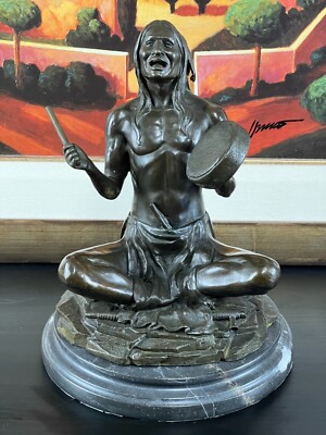 Bronze Seated Native American Drummer on Marble