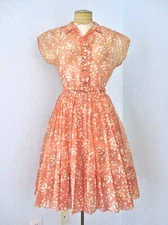 Vtg 50s Rockabilly Nelly Don Peach Sheer Chiffon Shirtwaist Swing Dress Belt S/M