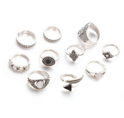10 Stck. Silber Boho Stapelringe Set schlicht über Knöchel Ring Sonne Midi Fingerspitze