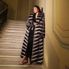 Luxury Chinchilla Long Coat Women Real Rex Rabbit Fur Coat Thick Jacket Overcoat
