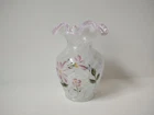 Fenton Glass vase painted flowers 5 3/4" Meadow pinched crest diamond optic