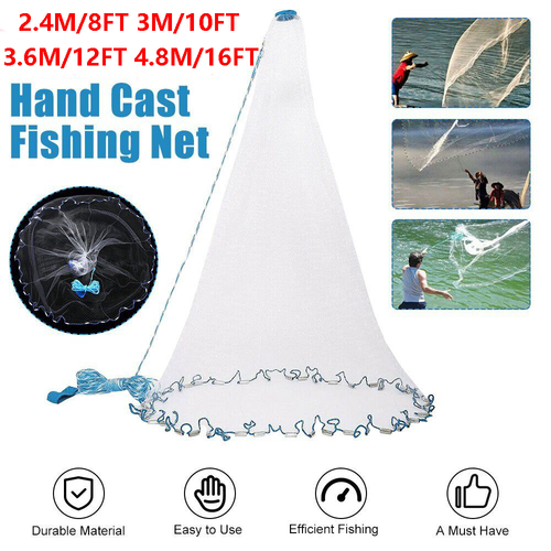 2.4-4.8M Fishing Cast Net Quick Throw Nylon Mesh Drawstring Chain ...