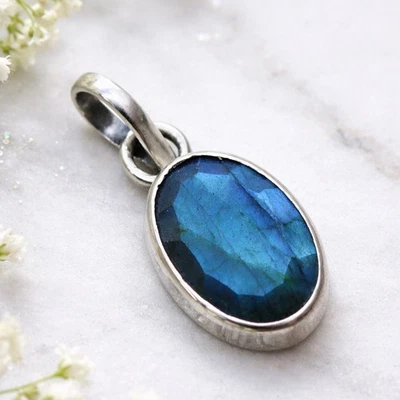Labradorit Anhänger Silber 925 Kettenanhänger Sterlingsilber oval facettiert  t - Bild 1 von 4