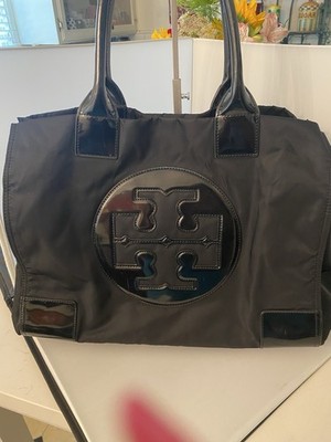 Tory Burch Ella Logo Patch Patent Black Nylon Large Tote, Gold Hardware