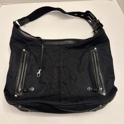 Tumi Nylon Shoulder Bag Travel Purse Black with Purple Interior & Buckle Strap