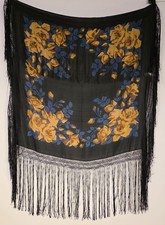 ANTIQUE 1920  S YELLOW ROSE FLORAL SILK SHAWL FOR DRESS W FRINGE EDGES