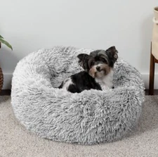 Furhaven Pets Calming Cuddles Long Faux Fur Donut Bed 26x26x9 Gray