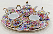 Miniature Tea Set Floral on Blue Background For Decoration Only 10 Piece