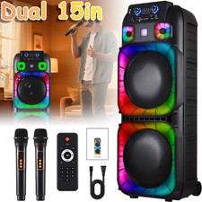 Dual 15" Bluetooth Speaker Subwoofer Heavy Bass Party Sound System w/ Mic Lights
