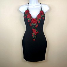 Vintage 90s Vampy Slip Dress Small 3D Floral Gothic Rose Bodycon Party Cocktail