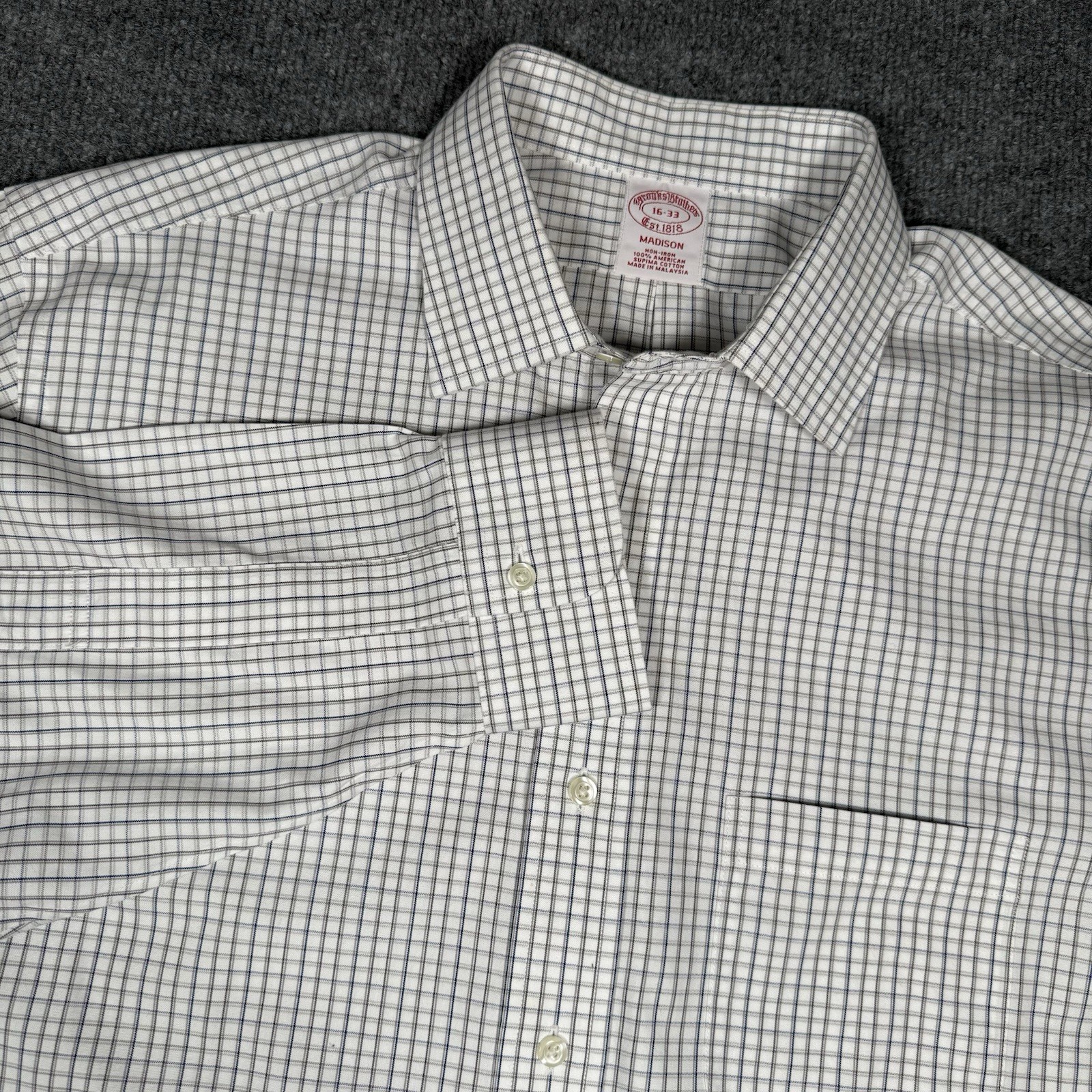 BROOKS BROTHERS Men's Dress Shirt  16 33 Check White Blue Madison Fit Non-Iron
