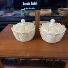2 Vintage Fenton Hobnail White Milk Glass Candy Trinket Dishes Lid Scalloped