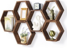 Hexagon Floating Shelves Set of 6 Farmhouse Honeycomb Wall Storage Shelf Wood