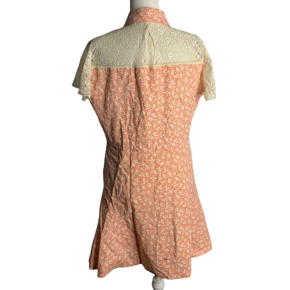 Vintage Lace Yoke Mini Shirt Dress Womens M Pink Floral Country Western - Image 4 of 4