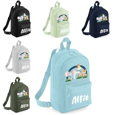 THE BABY BOX UK Personalised Boys Toddler Backpack Bag Mini School Nursery Blue Safari Rainbow