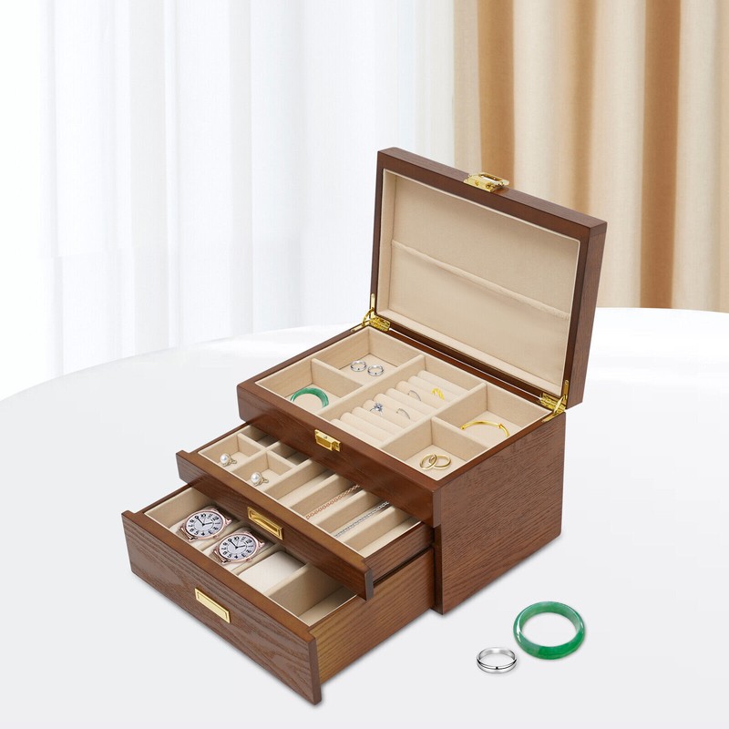 3-Layer Jewelry Box Organizer Brown Plush Lined With Ring Rolls & Watch Cushions
