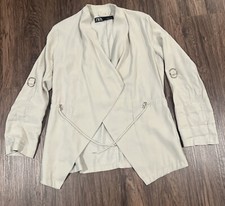 ZARA Lightweight Jacket Open Front Cuffed Sleeves Elastic Waist Cream Size M