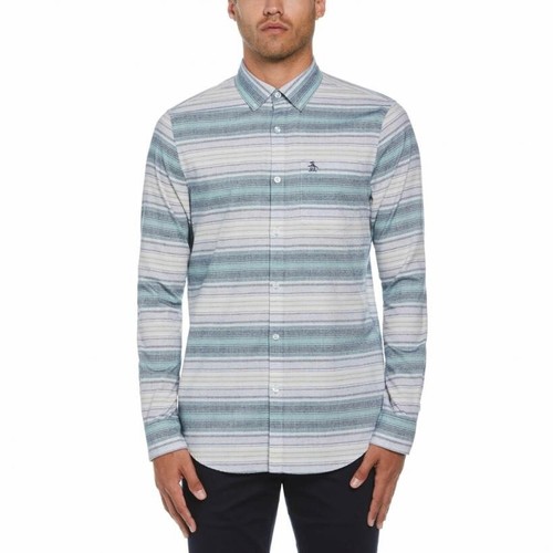 NEW Original Penguin Flannel Long Sleeve Shirt MENS L Oil Blue Stripes $98.00 - Picture 2 of 6