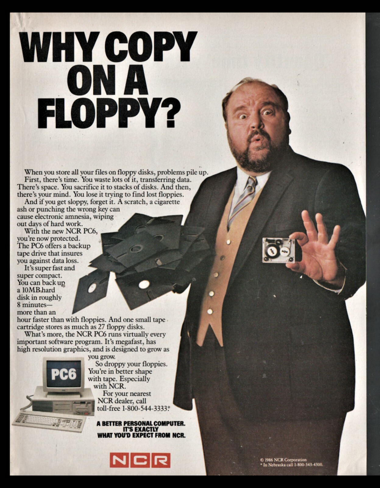 1986 Computer Ad 1986 NCR PC6 Computer Vintage PRINT AD Why copy on a floppy Dom DeLuise ...