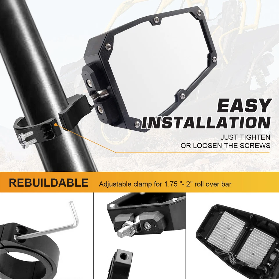 UTV Rear View Side Mirrors with LED Rock Light for Yamaha YXZ1000R 2016-2025 - Image 4 of 4