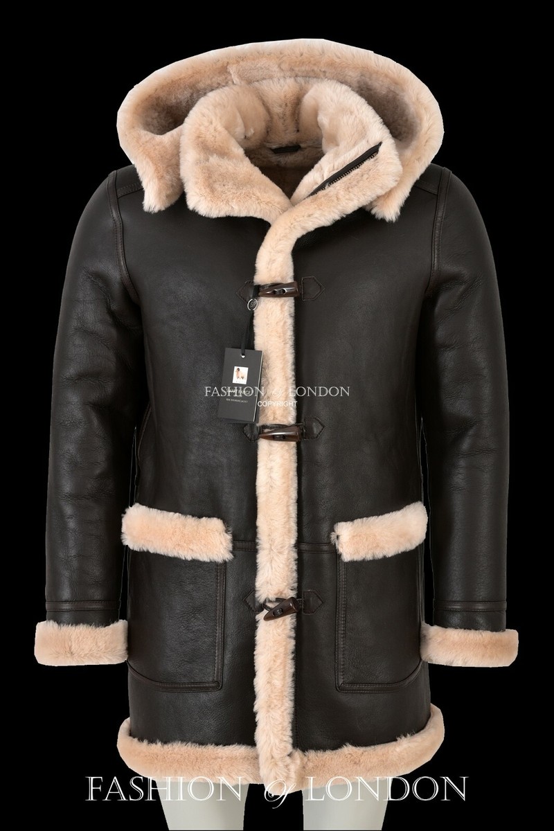 Mens Sheepskin Duffle Coat Fur Hood Natural Shearling Fur Long