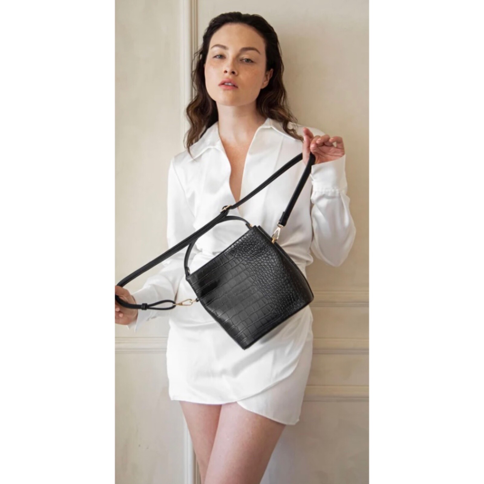 AOTA Women’s NWT Handbag Black Crossbody Croc Faux Leather Double Compartments