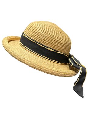 Callanan Rolled Edge Raffia Straw Sun Hat Black Band Bow Vacation Cruise READ Callanan Rolled Edge Raffia Straw Sun Hat Black Band Bow  main image 3