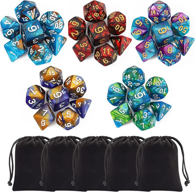 Ciaraq Polyhedral Dice Set (35 Pieces) with Black Pouches, 5 Complete Double-Col